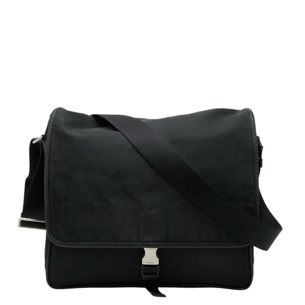 Prada Triangle Plate Crossbody Bag Messenger Black Leather